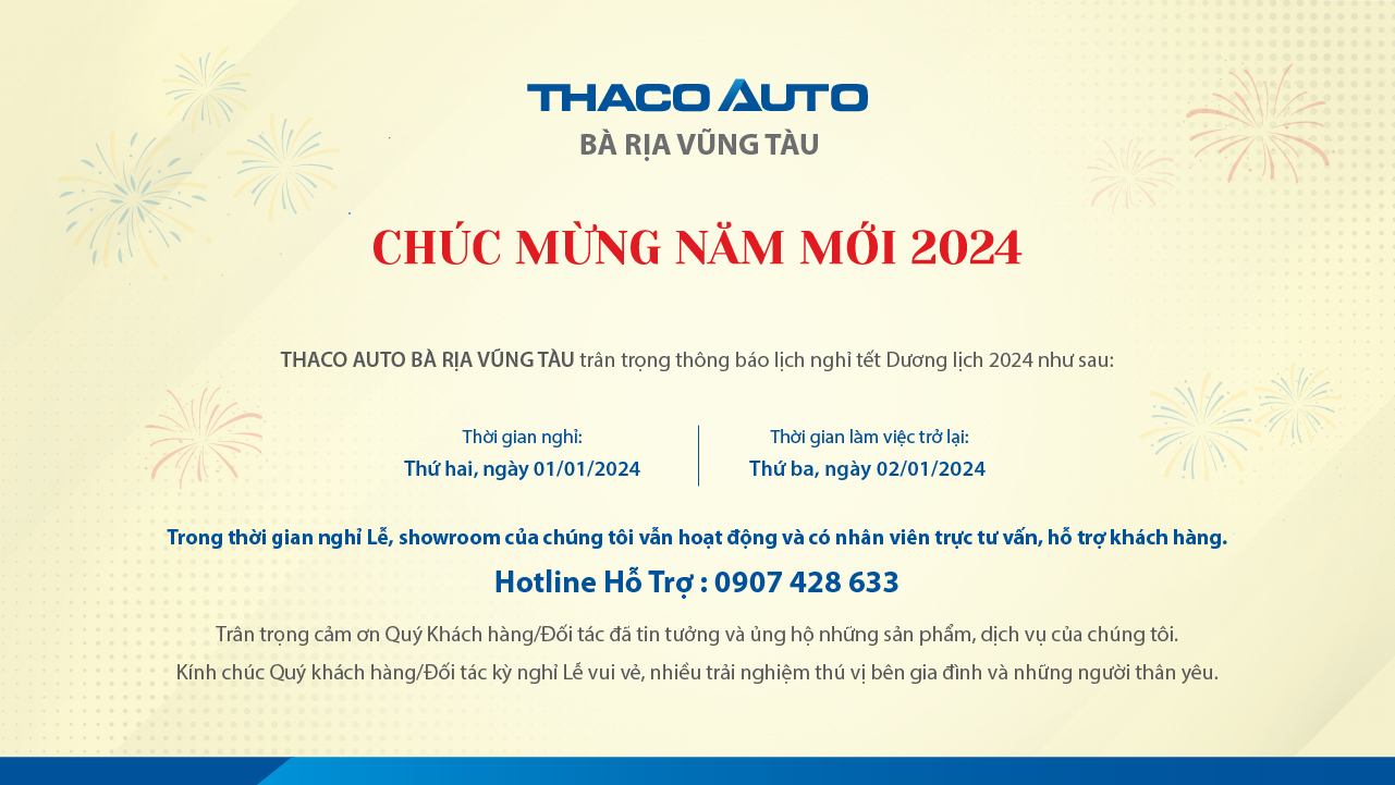 THÔNG BÁO LỊCH TRỰC TẾT DƯƠNG LỊCH  - THACO AUTO BÀ RỊA VŨNG TÀU